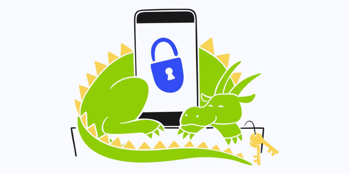 Mobile App Security Best Practices - A dragon securing the mobile phone with a secured app icon