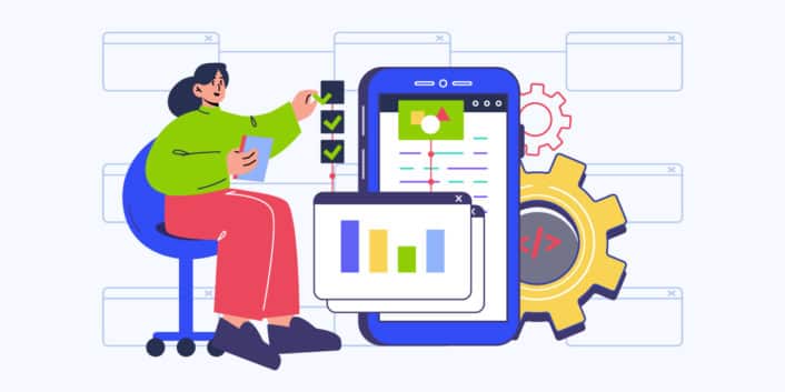 Android Automation Testing:Alt Image Description: A stack of books and a smartphone displaying a colorful app interface, surrounded by gears, wrenches, and bug icons, representing the in-depth analysis and tools used in Android Automation Testing