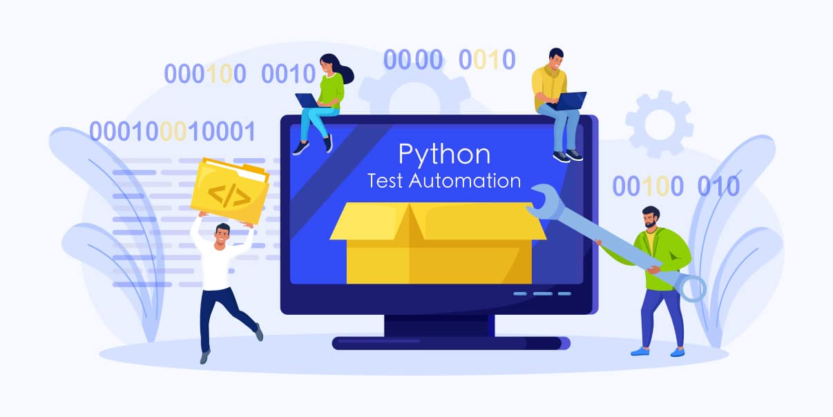 Python Test Automation: A conceptual illustration featuring a laptop with a Python logo on the screen, surrounded by gears and a cogwheel, symbolizing the process of test automation in Python programming and development