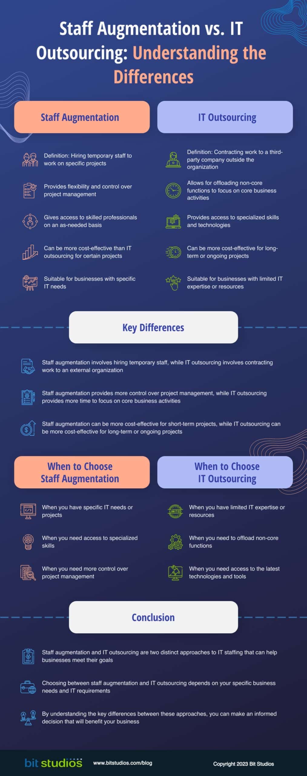 Staff Augmentation vs. IT Outsourcing: Understanding the Differences - Infographics by BIT Studios