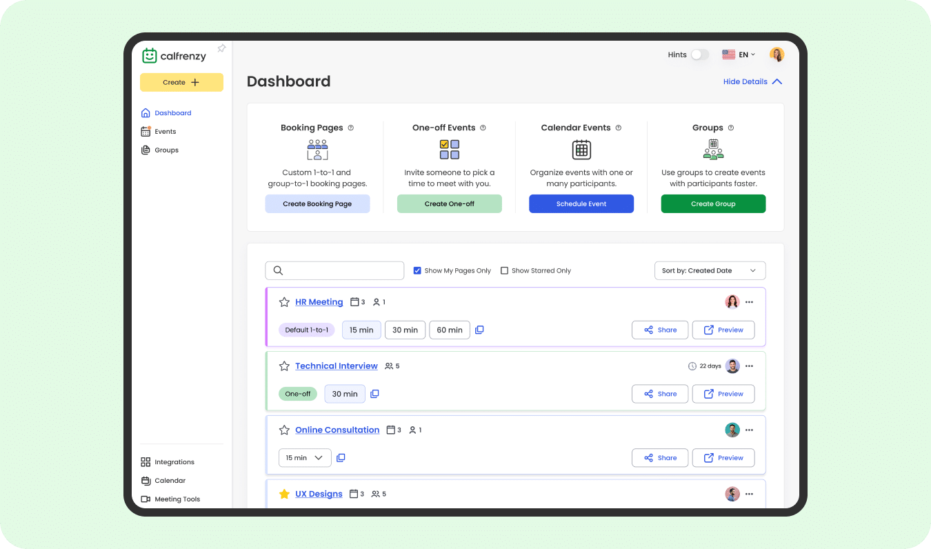 Calfrenzy Online Appointment Scheduling User Dashboard